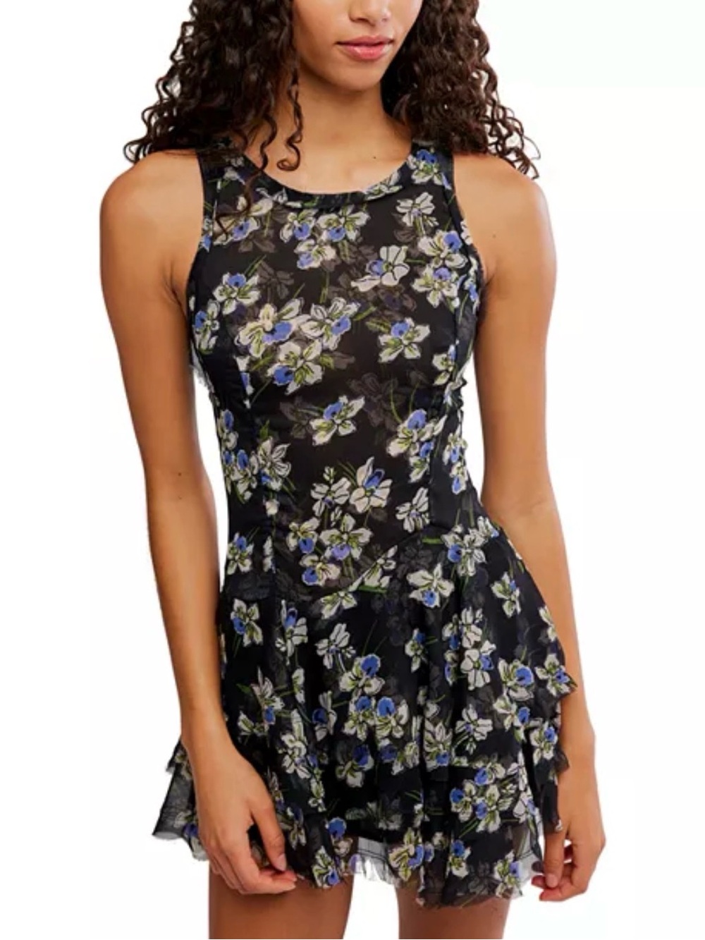 Free People Raven Printed Black Mini Dress with Blue and White Floral Print